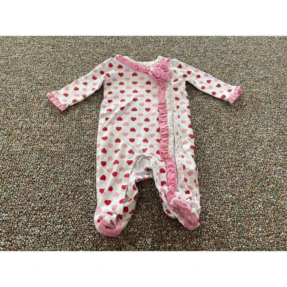 Baby Essentials Heart Patterned Footed Sleeper Pink Red Ruffle 6M
